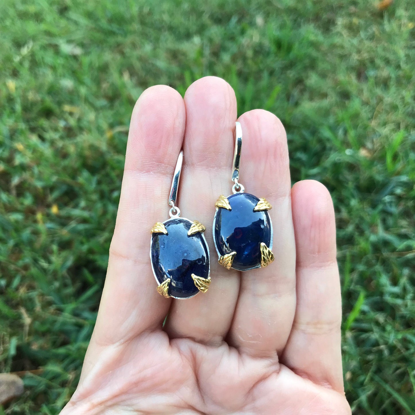 sterling Silver blue sapphire Dangle  Earrings