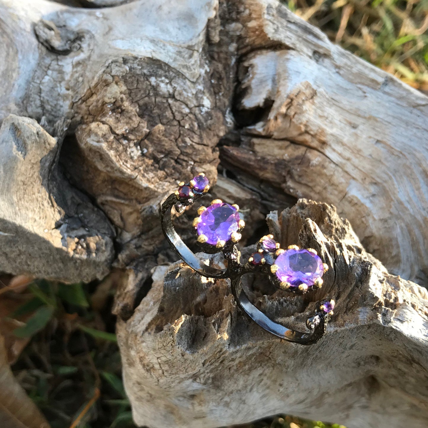 Sterling Silver Gold organic natural art Amethyst double ring handmade 7 or 6