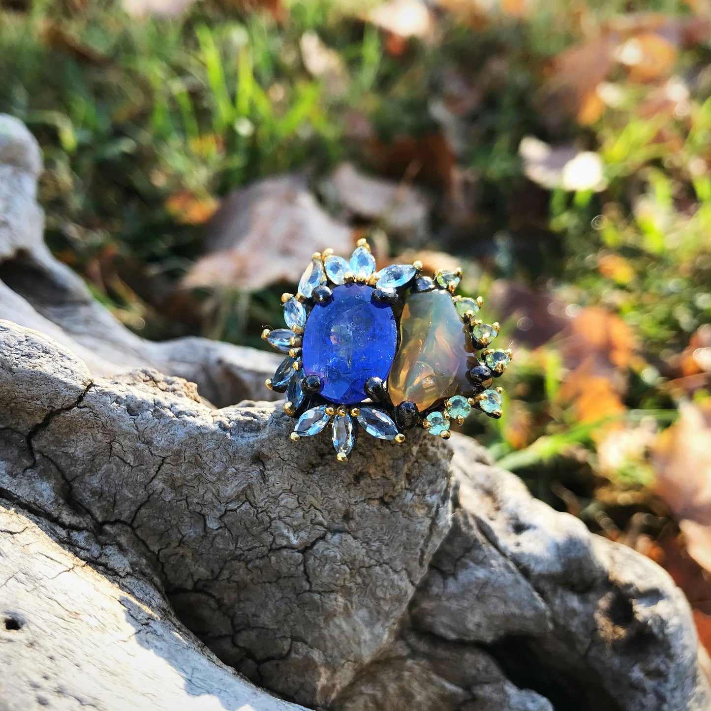 sterling silver Natural Fire Opal sapphire statement Ring 7.5