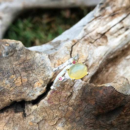 Sterling Silver Handmade  Opal natural twig red garnet ring