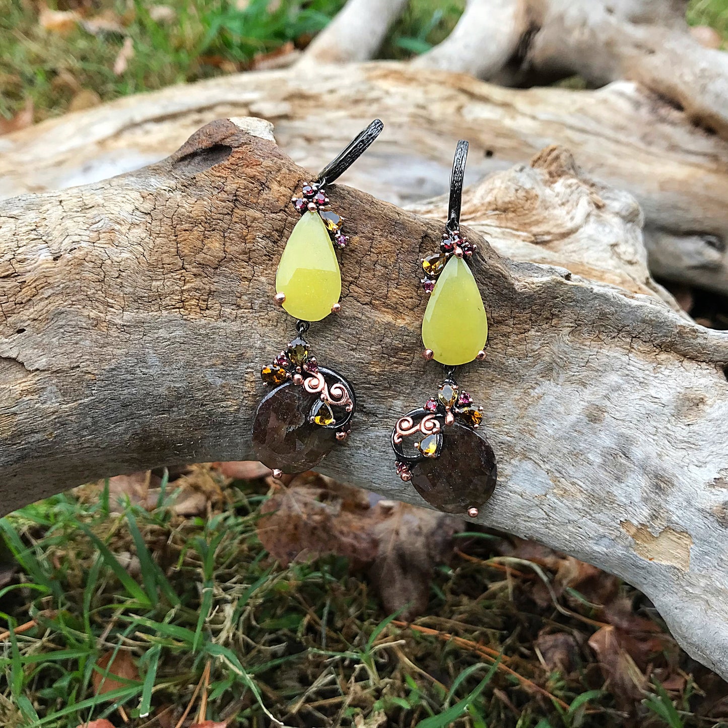 Sterling silver natural sapphire brown yellow tourmaline statement earrings