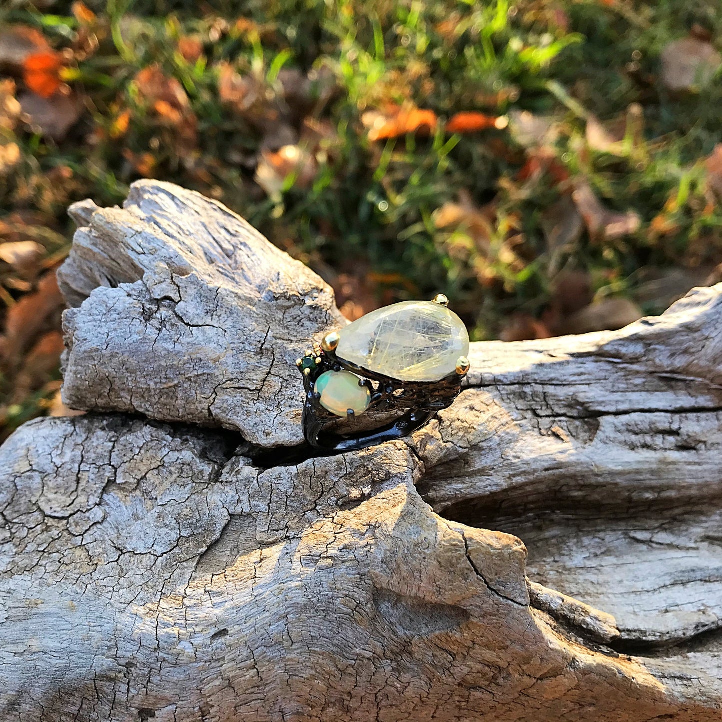 Sterling silver natural fire opal rutilated quartz topaz statement ring 7.5