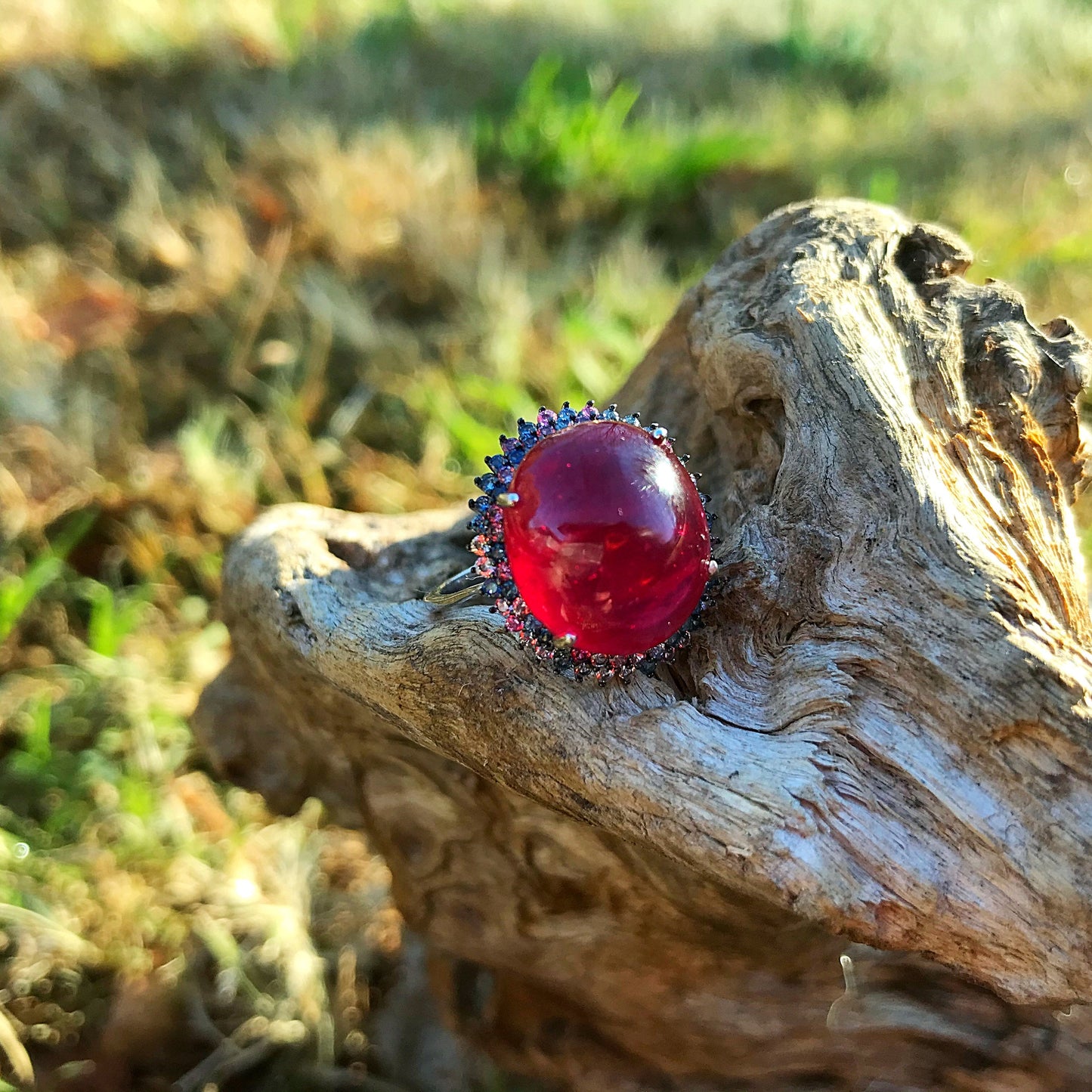 Sterling Silver Ruby Statement diamond cut sapphires Ring