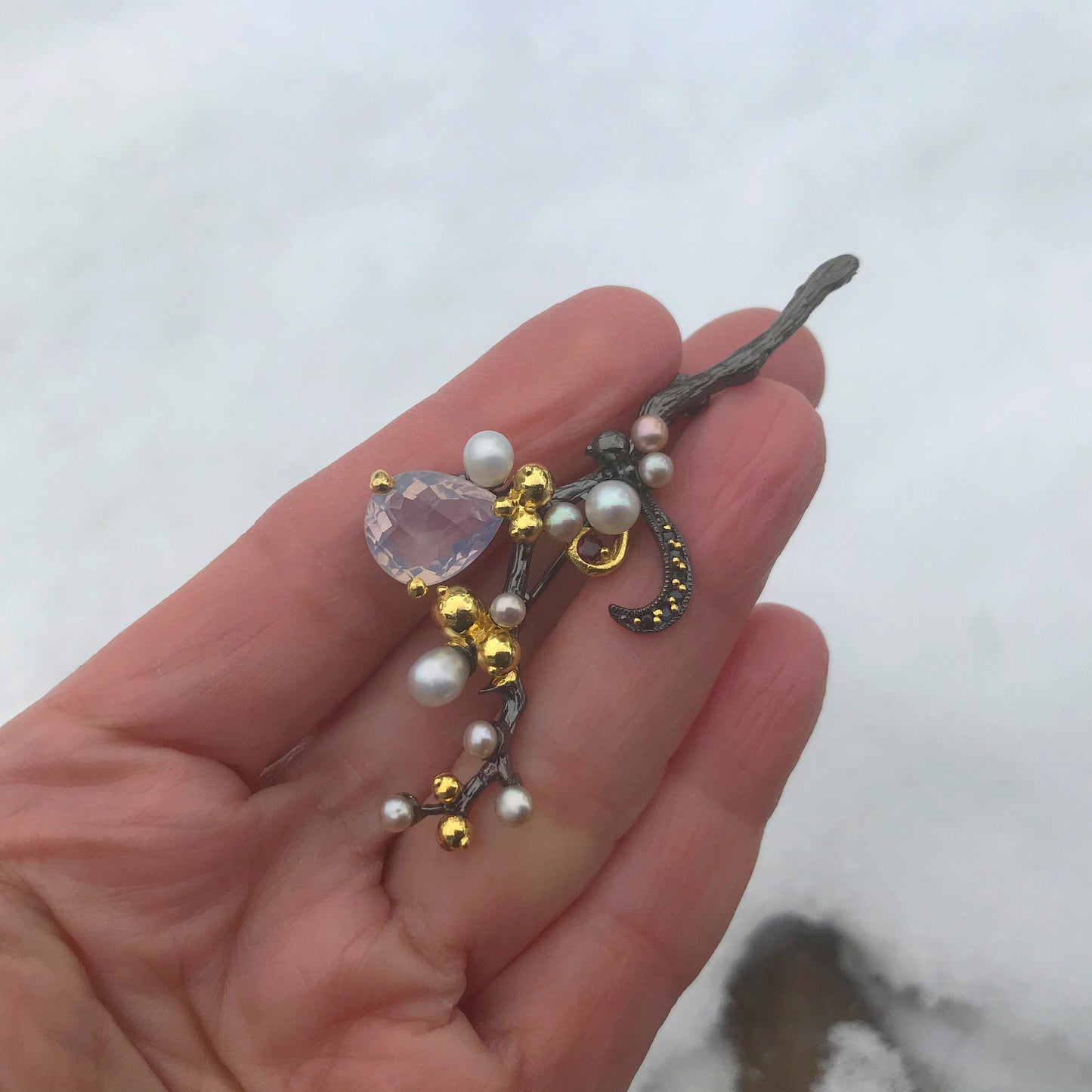 Sterling silver Statement branch twig Pin rose quartz statement pearl  brooch