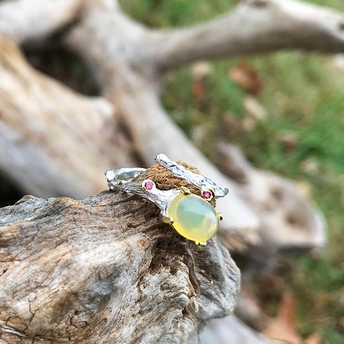 Sterling Silver Handmade  Opal natural twig red garnet ring