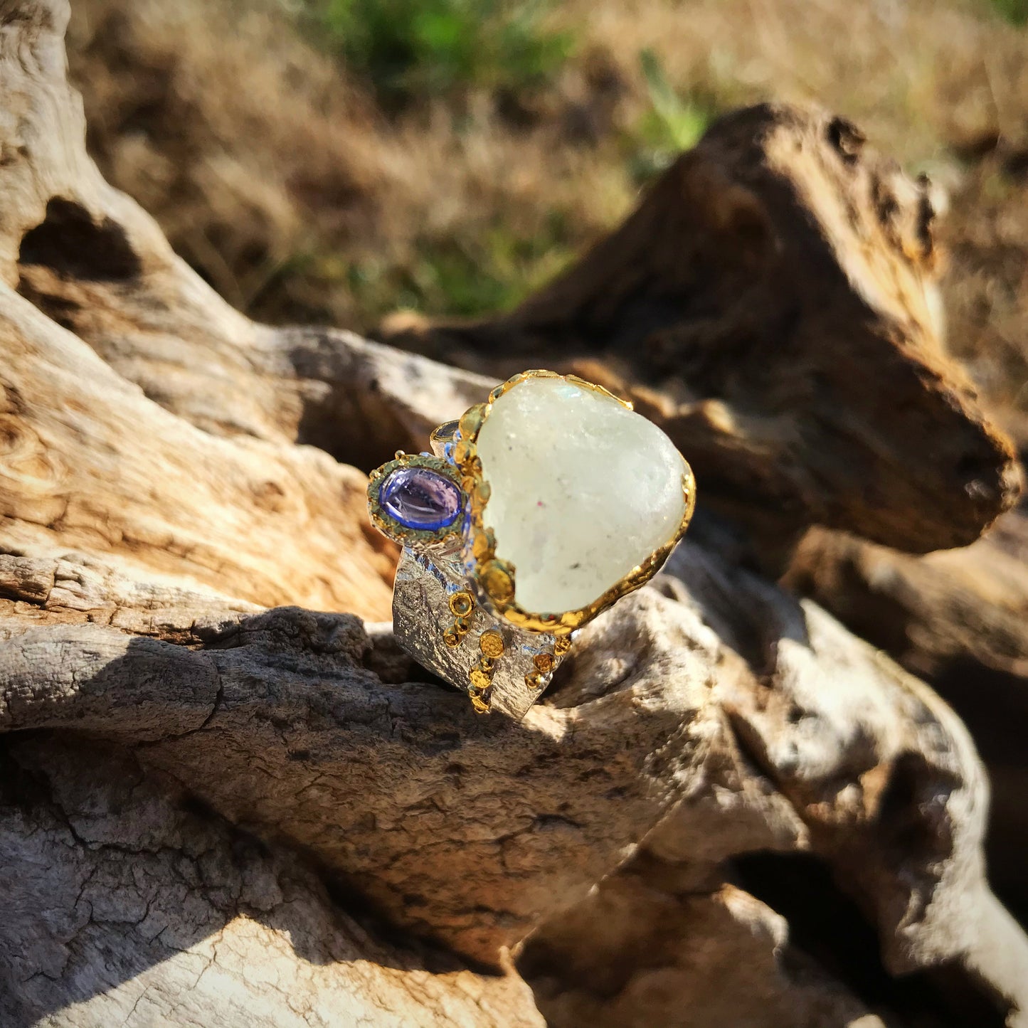 Sterling  silver rough topaz lolite brutalist  statement ring 7
