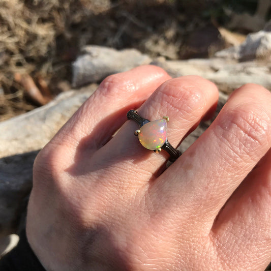 Sterling Silver modernist Handmade Fire Opal Artisan organic  ring 7.5