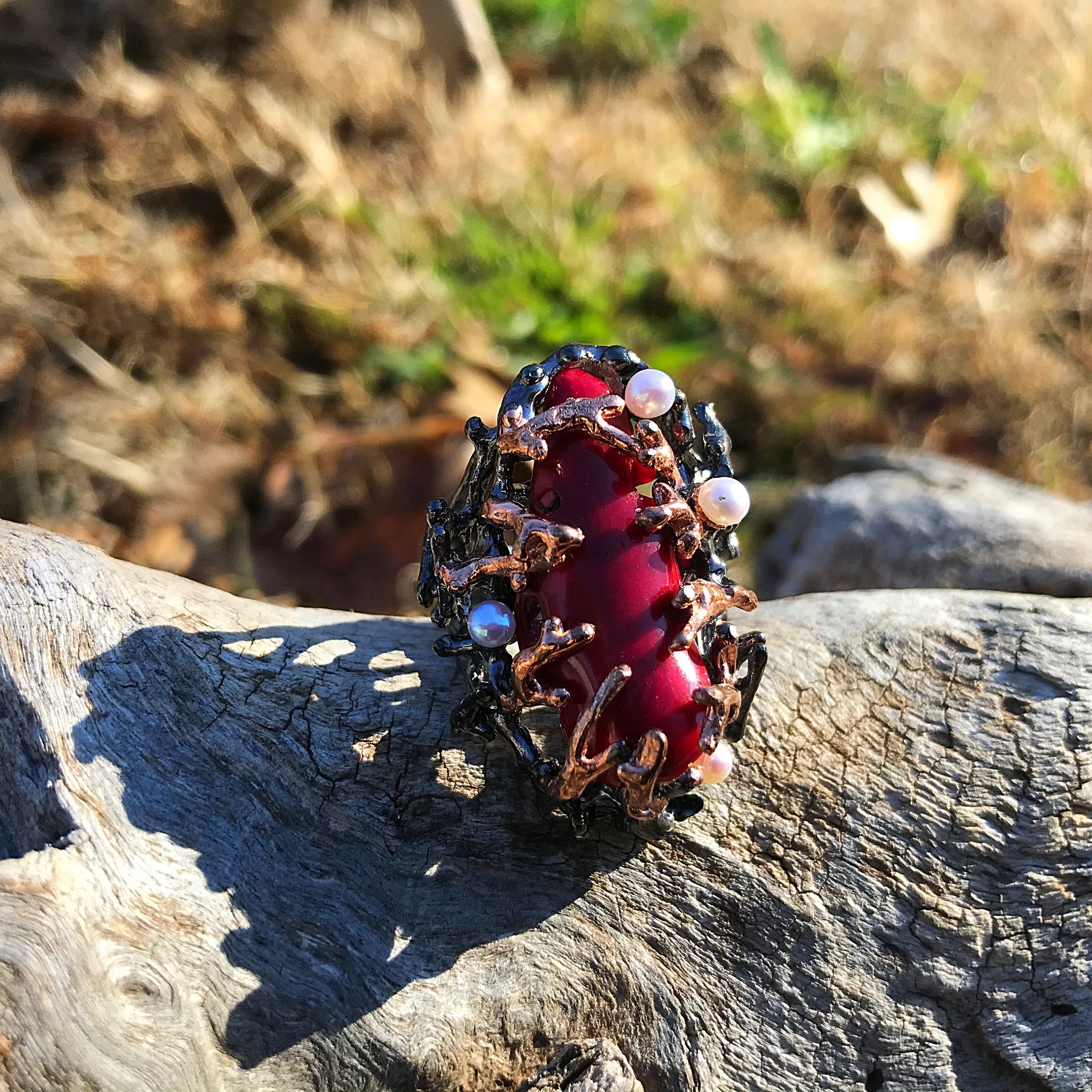 Red coral sales and pearl ring
