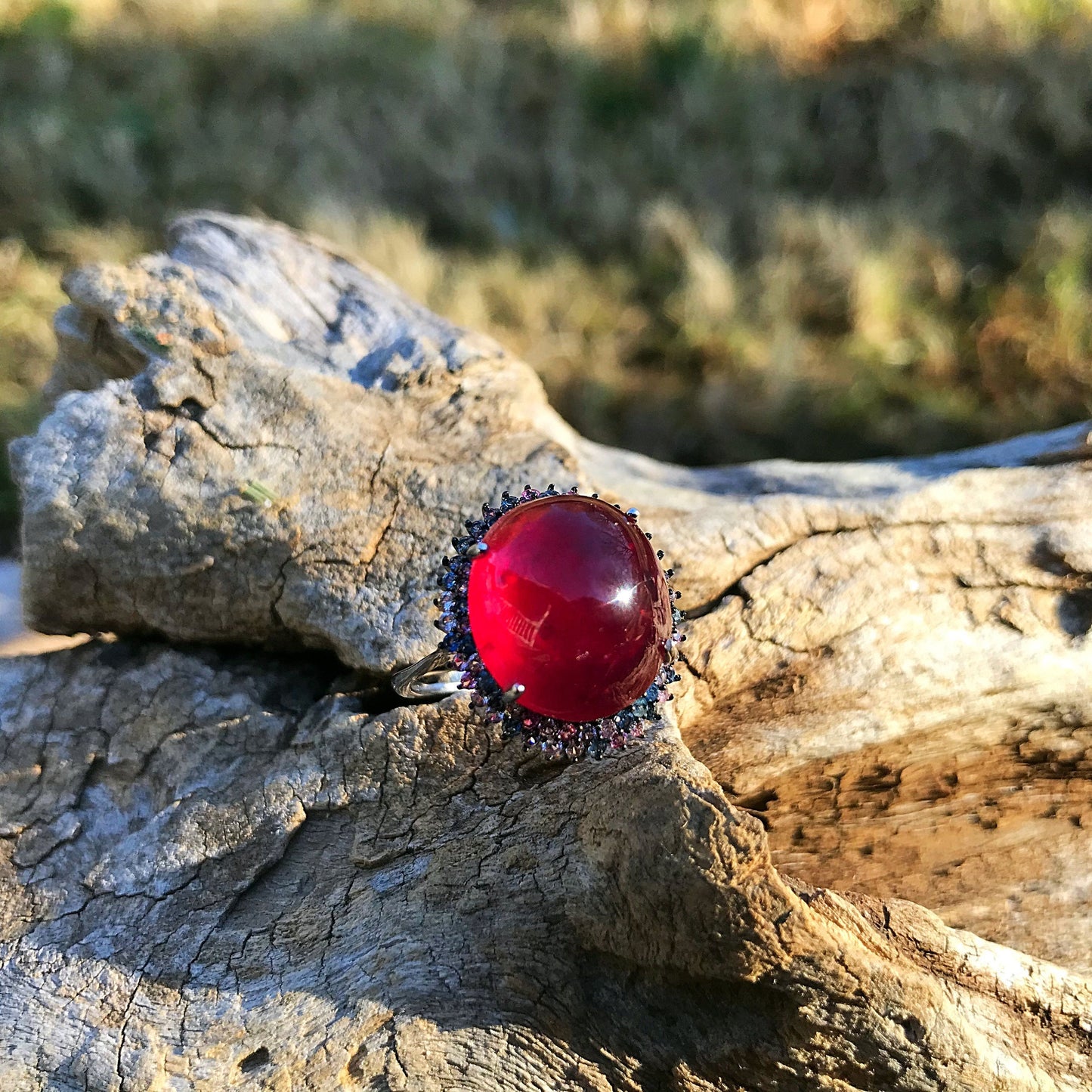 Sterling Silver Ruby Statement diamond cut sapphires Ring