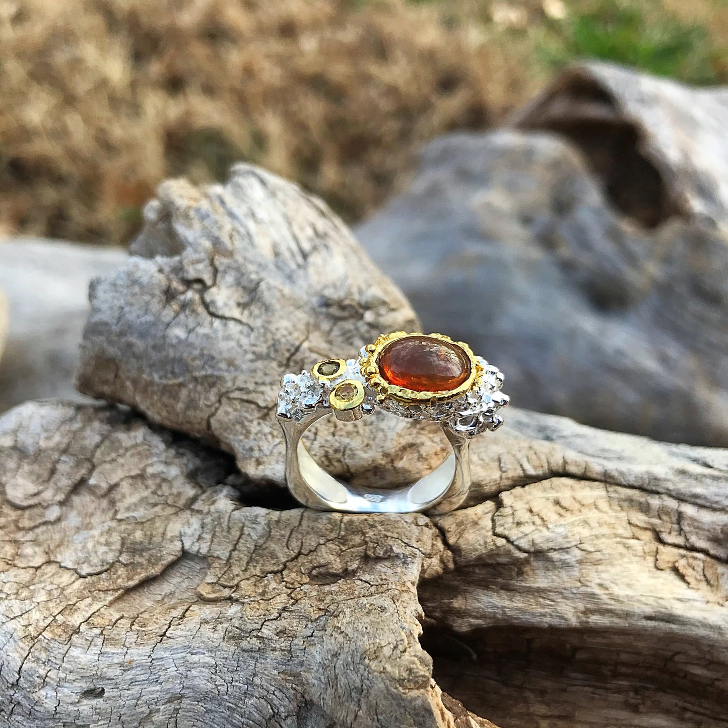 sterling silver Natural Orange opal Artisan square  ring 7