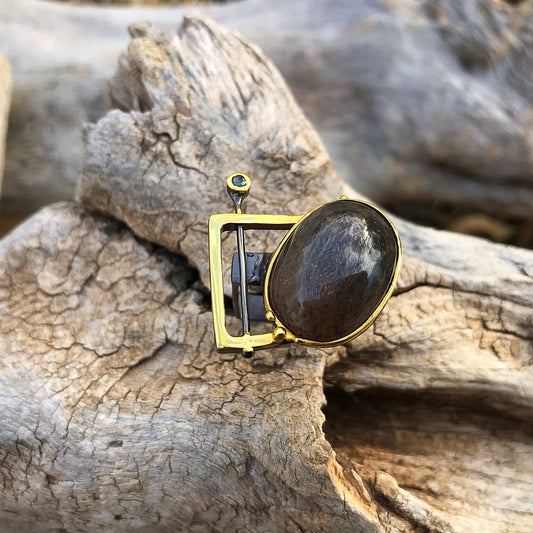 Sterling silver cat’s eye Sunstone sapphire modernist square ring 7-8