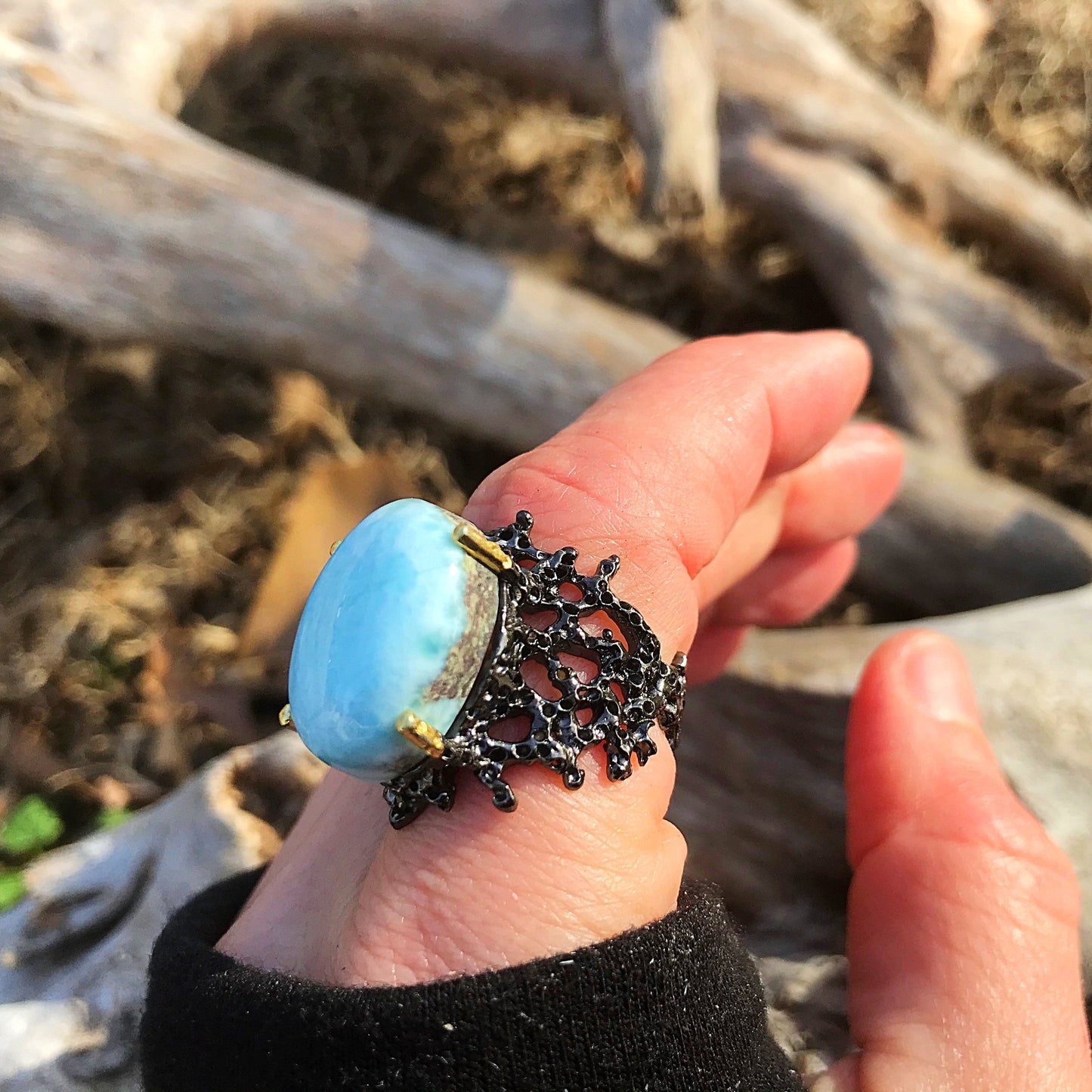 sterling silver Dominican  Larimar coral reef statement ring 7