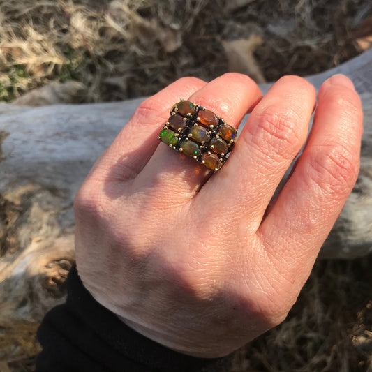 Sterling Silver Orange Rainbow Natural Opal statement Ring 6.5