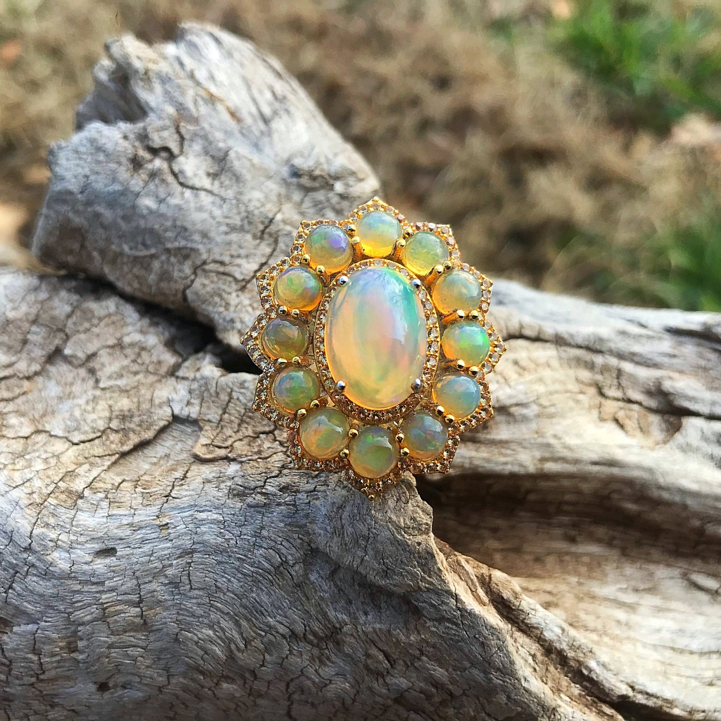 sterling silver Natural Fire Opal yellow  sapphire statement ring