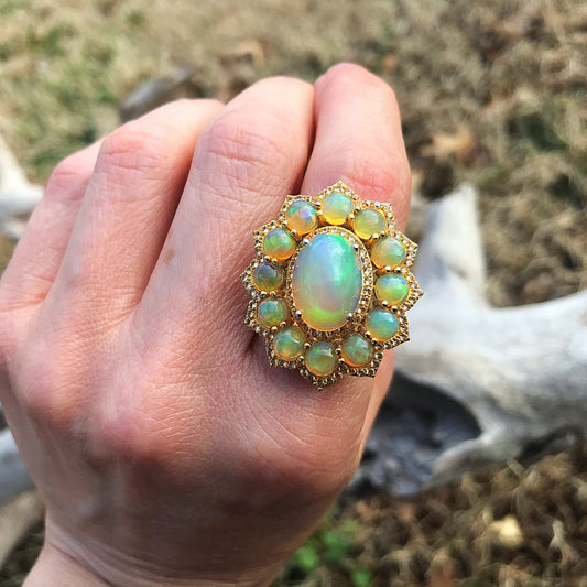 sterling silver Natural Fire Opal yellow  sapphire statement ring