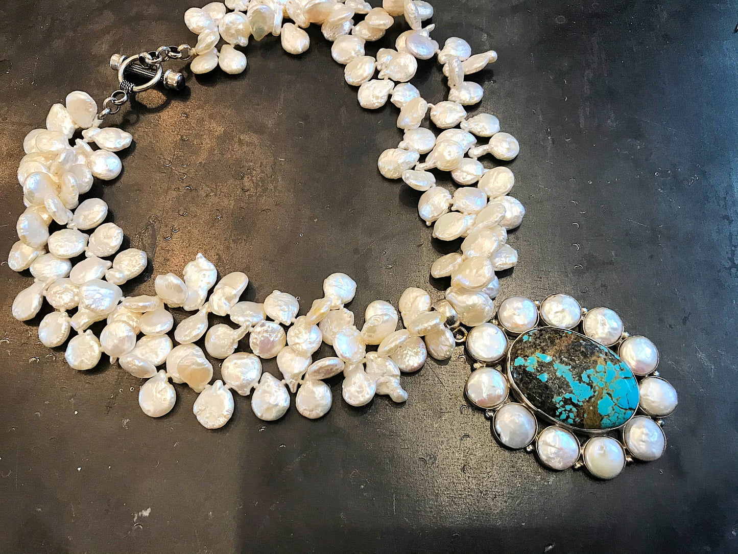 Sterling Silver natural Keishi coin pearl and turquoise OOAK necklace