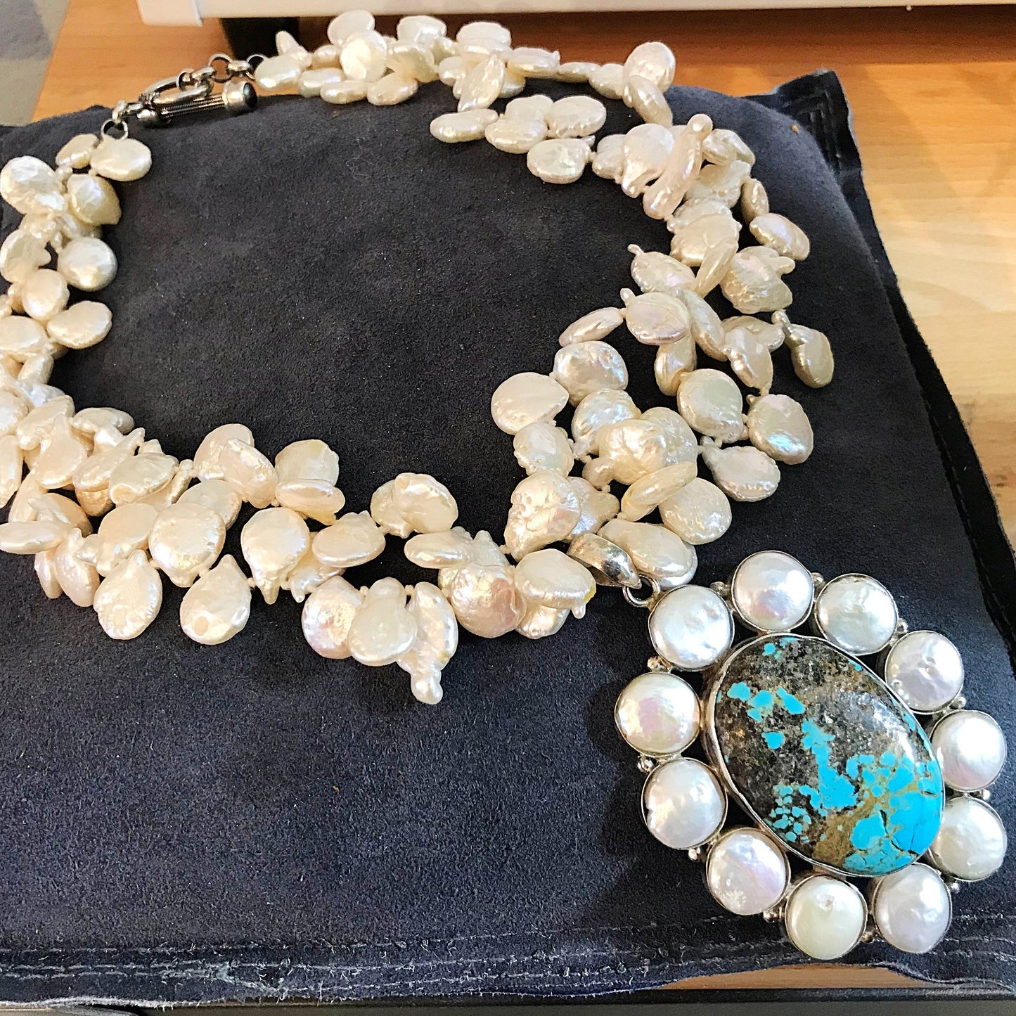Sterling Silver natural Keishi coin pearl and turquoise OOAK necklace