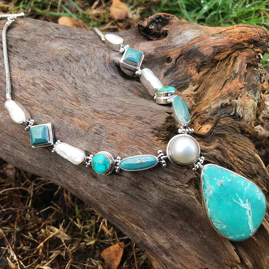 Sterling Silver Turquoise white pearl Statement Necklace
