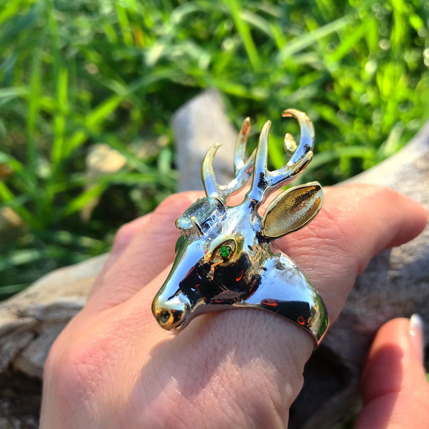 sterling silver Antler Antelope Ethnic oversize ring 8.5