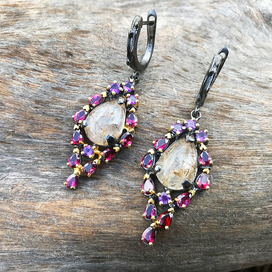 sterling silver statement rutilated quartz amethyst  dangle earrings