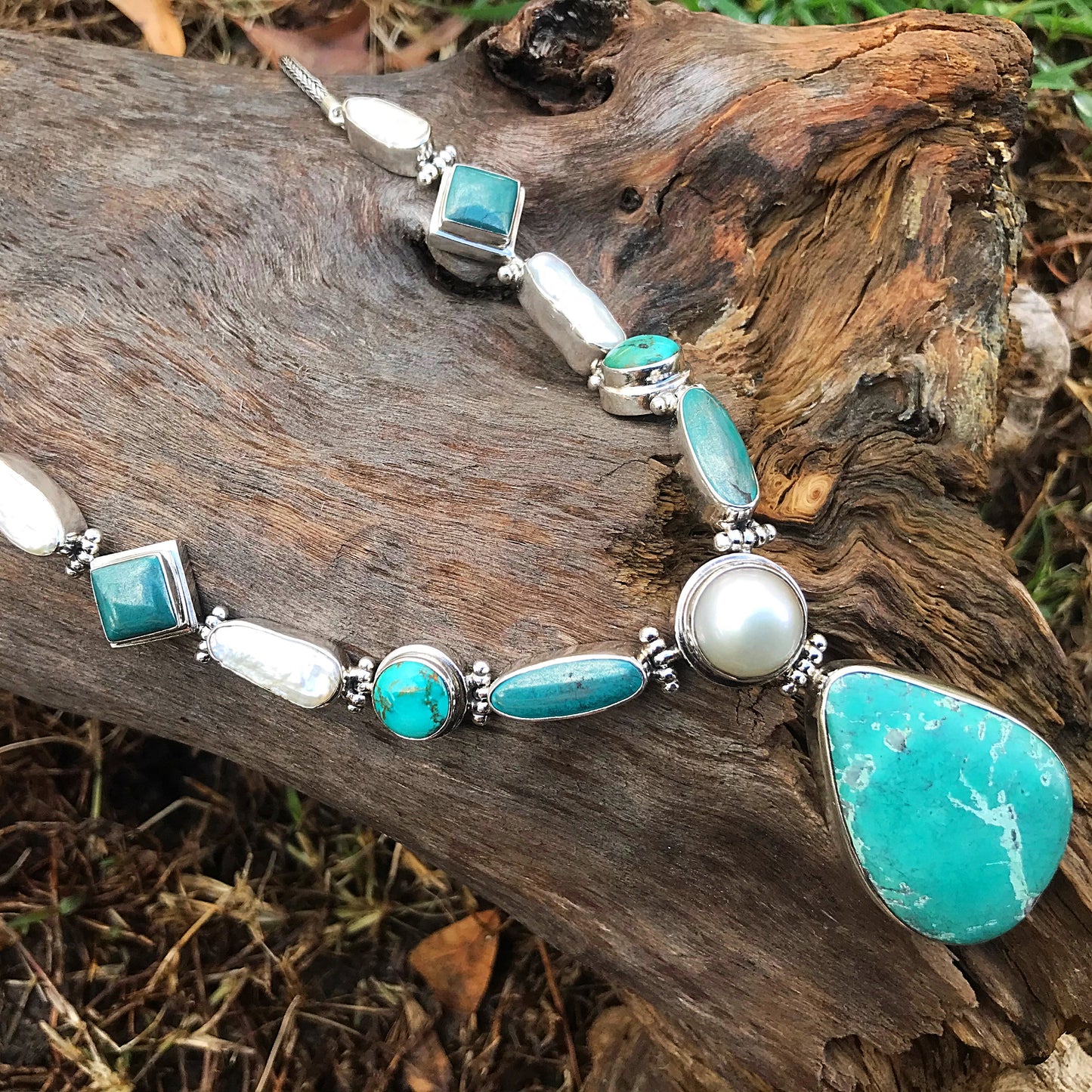Sterling Silver Turquoise white pearl Statement Necklace