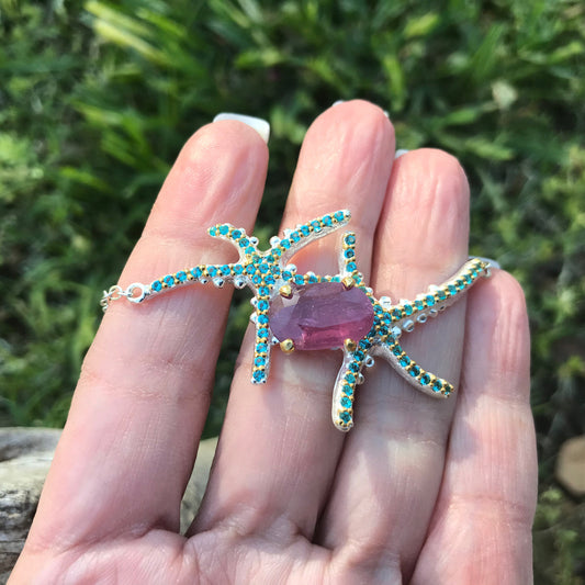 Sterling Silver Natural red ruby  starfish bracelet