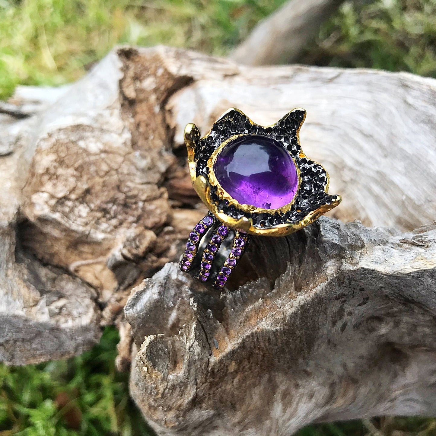 sterling silver statement Natural Amethyst abstract ring 9