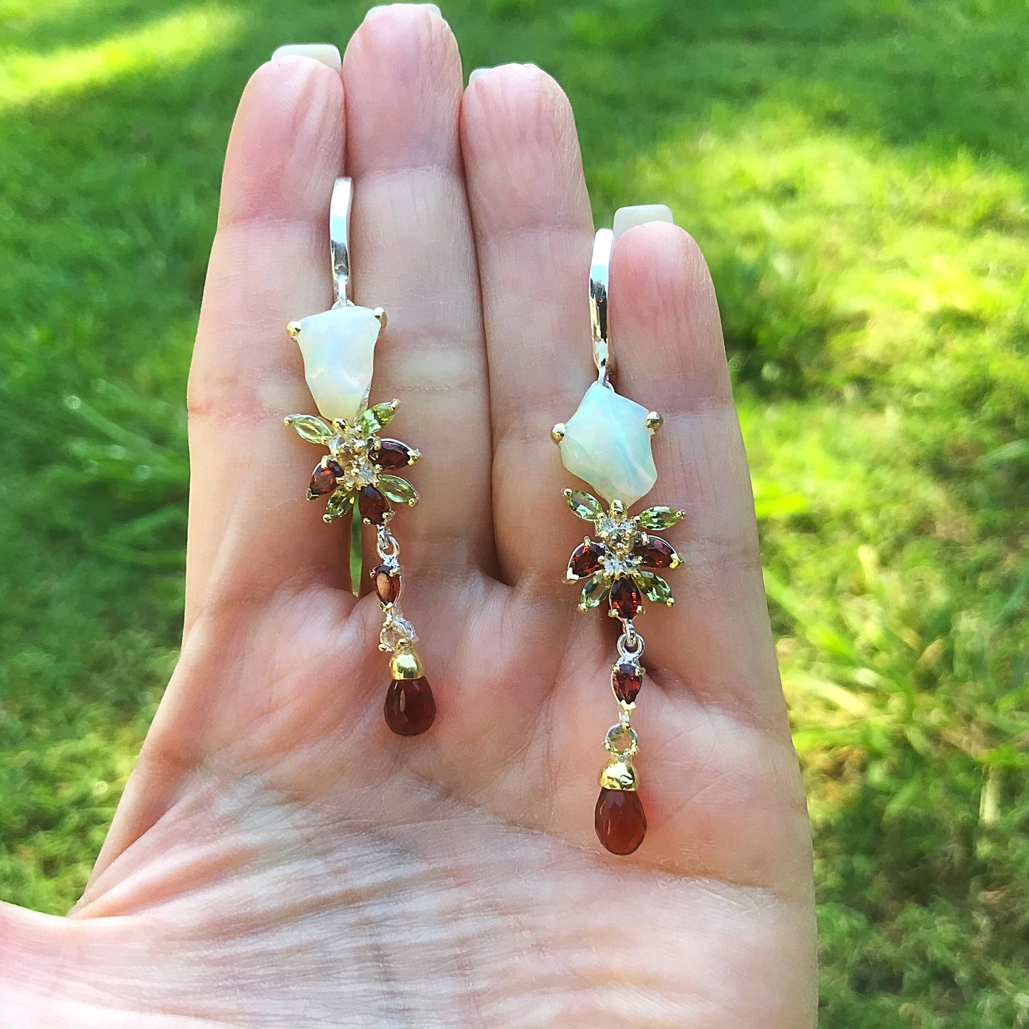 Sterling Silver Rainbow Natural garnet Opal long earrings