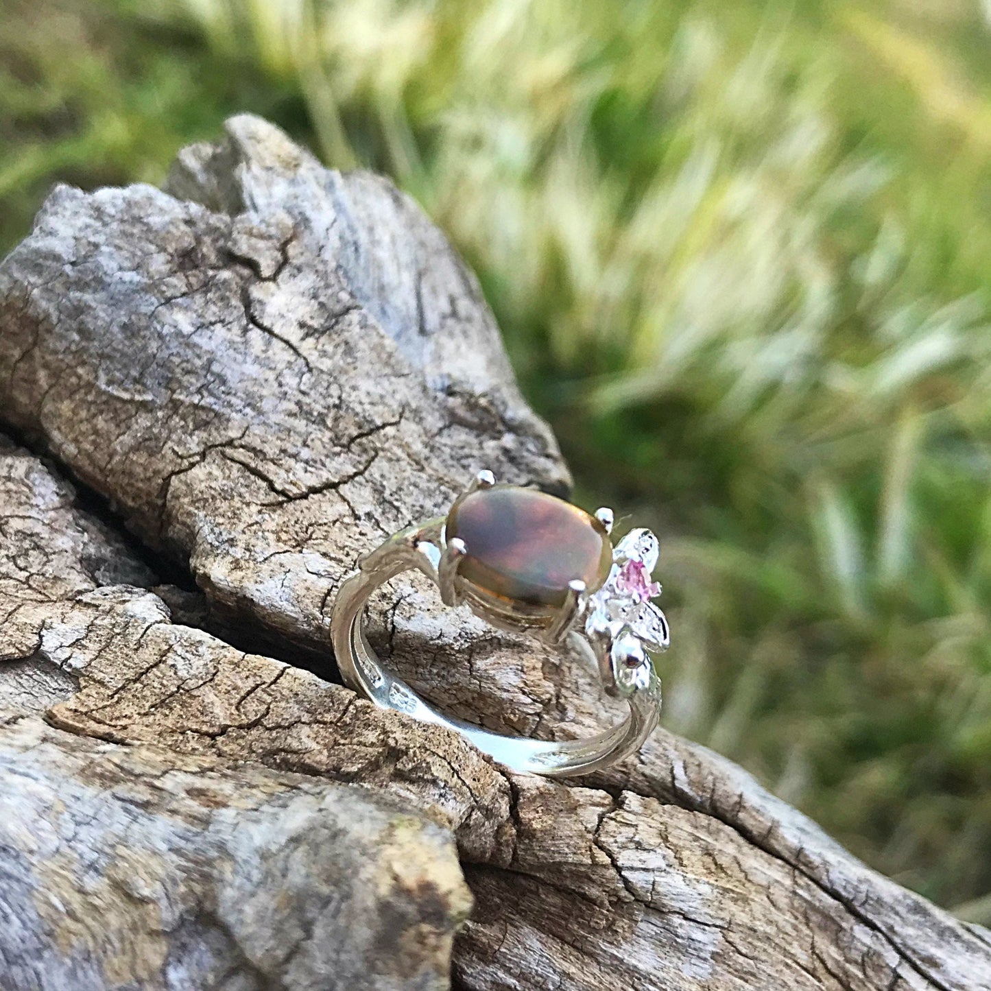 Sterling Silver rainbow opal pink tourmaline ring 7