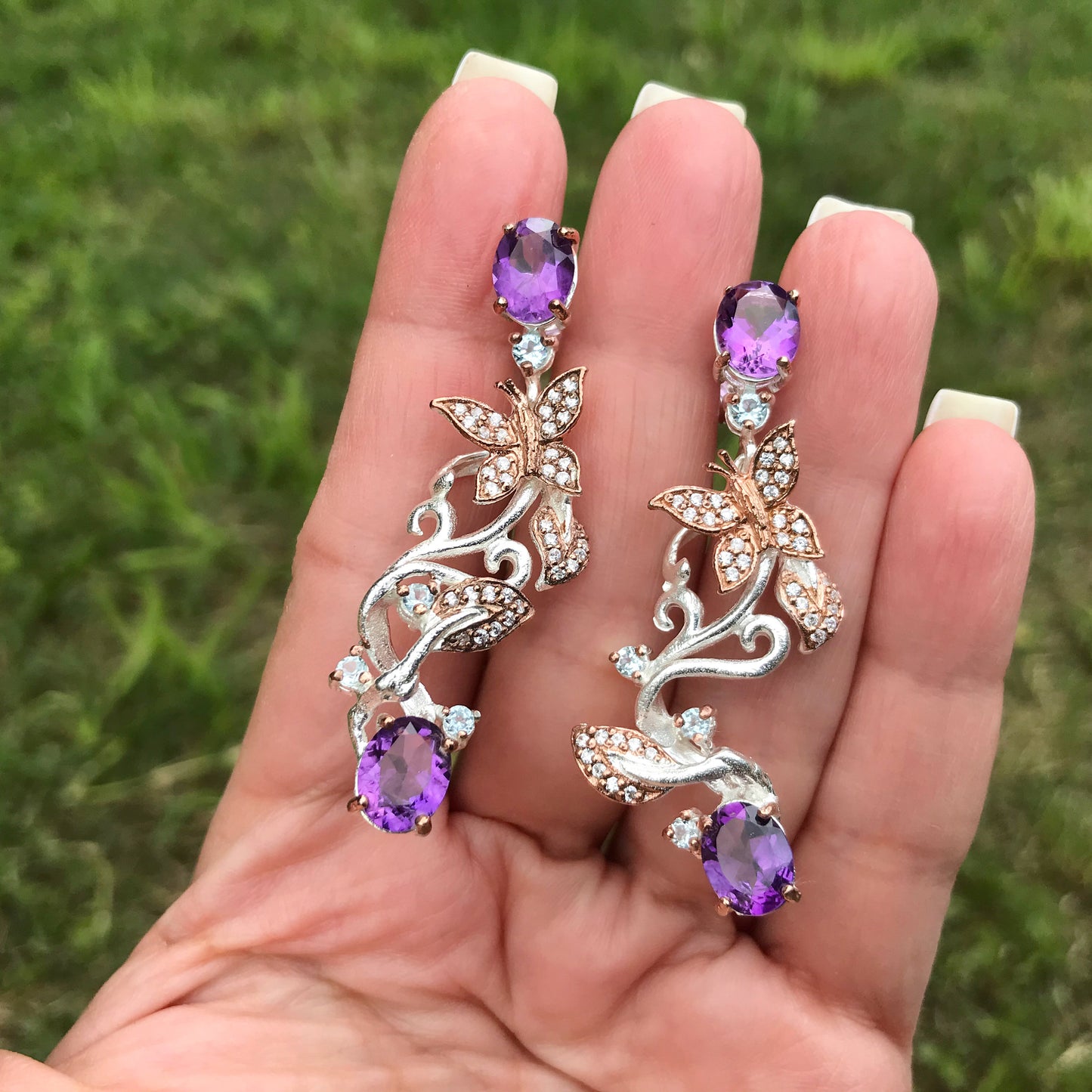 sterling silver statement amethyst butterfly earrings