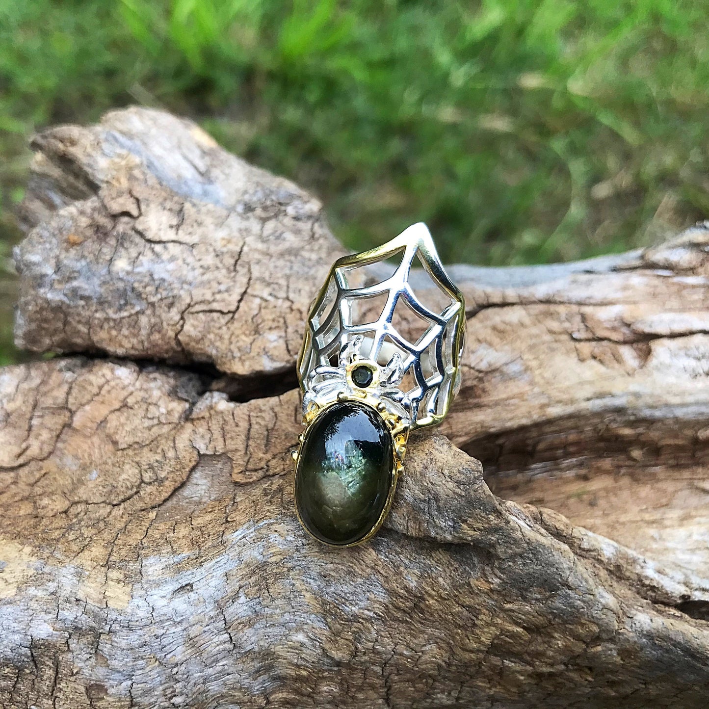 Sterling Silver black star sapphire spider web ring 7