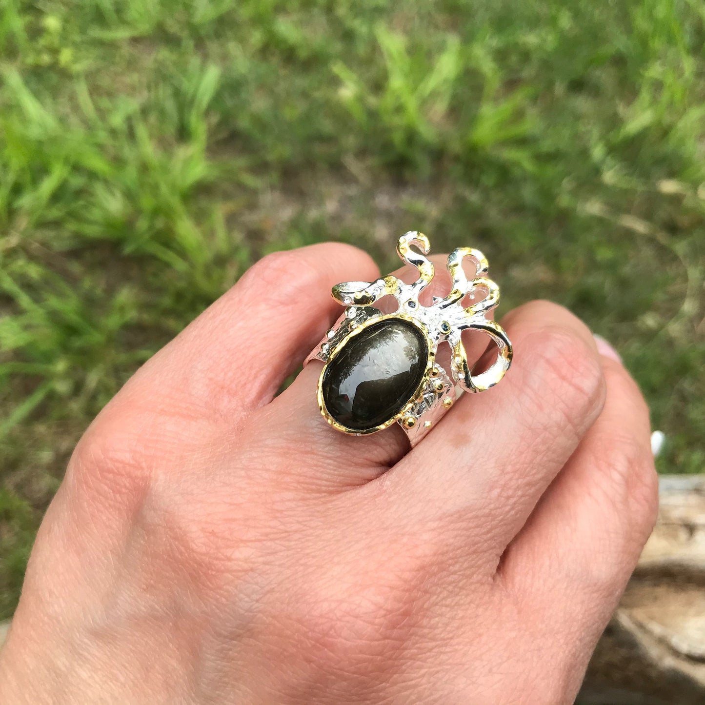 Sterling Silver black star sapphire octopus ring 7.5