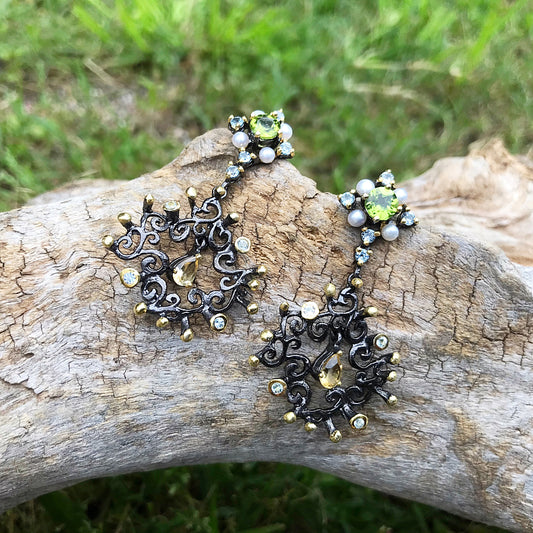 Sterling Silver peridot topaz dangle citrine pearl  earrings