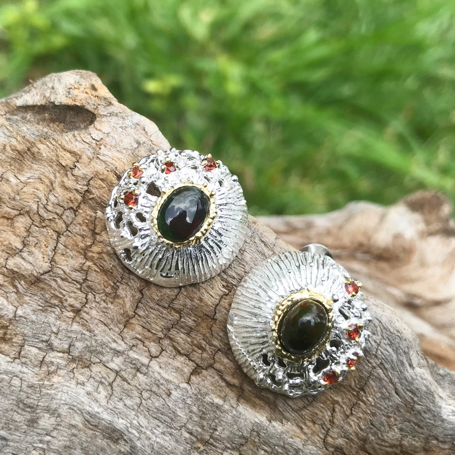 Sterling Silver Natural Black opal red garnet earrings studs