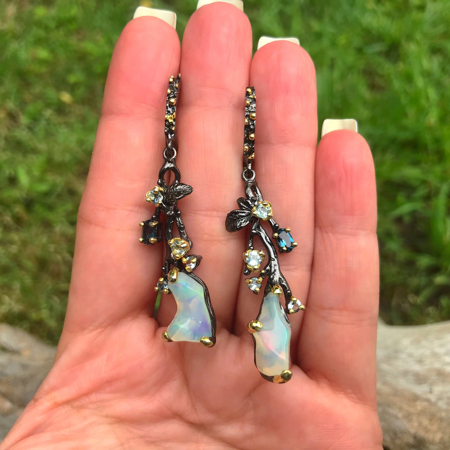 Sterling Silver rainbow opal statement earrings