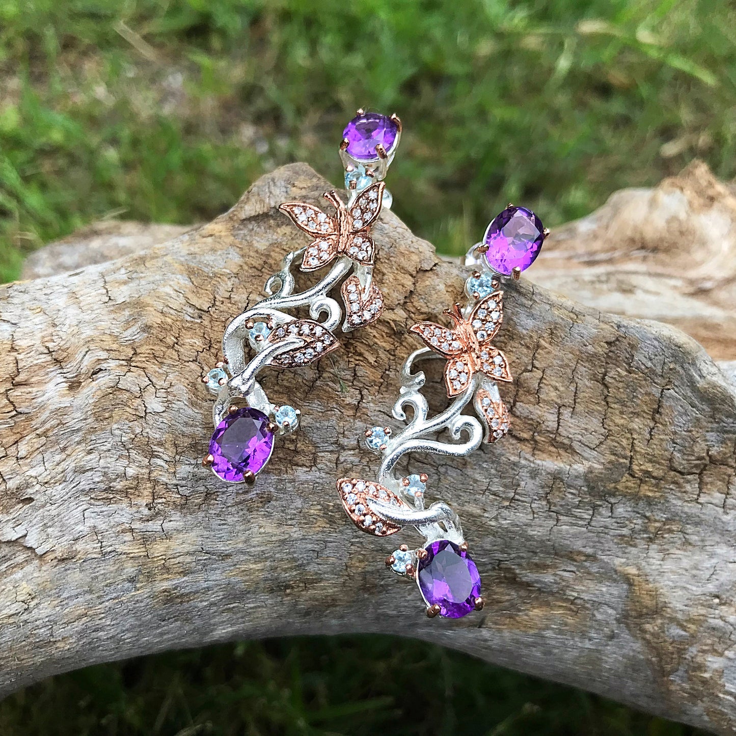 sterling silver statement amethyst butterfly earrings