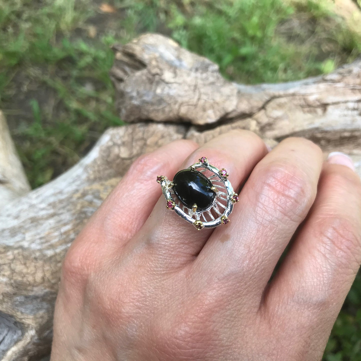 Sterling Silver Handmade natural black spinel ring 6.5