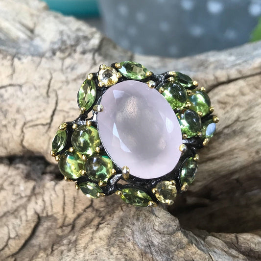 sterling silver Natural Rose Quartz Peridot statement Ring 7