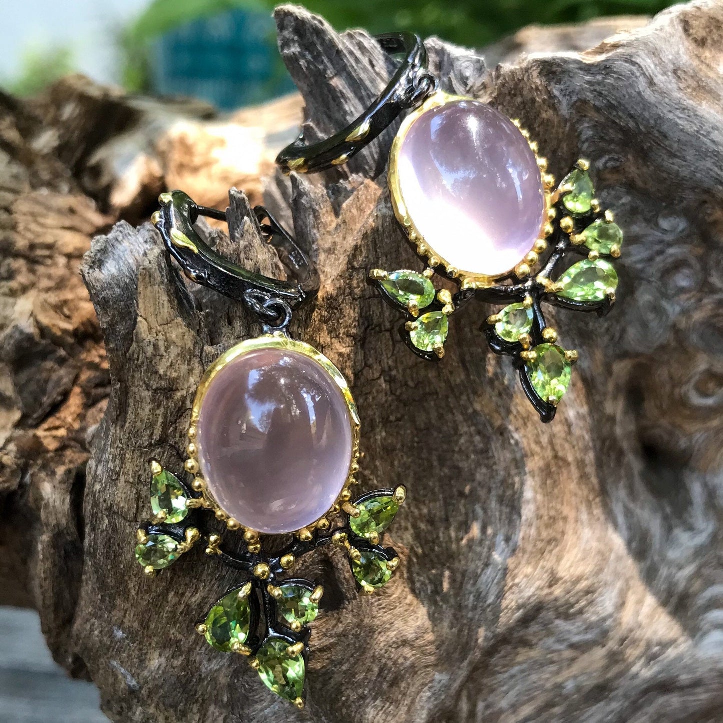 sterling silver Long Rose Quartz peridot Earrings pink