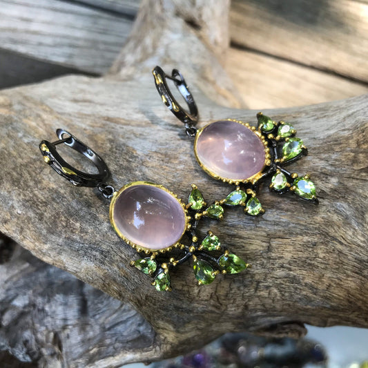 sterling silver Long Rose Quartz peridot Earrings pink