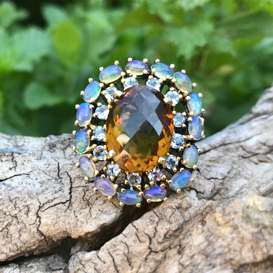 Sterling silver natural fire opal topaz citrine statement Ring 8