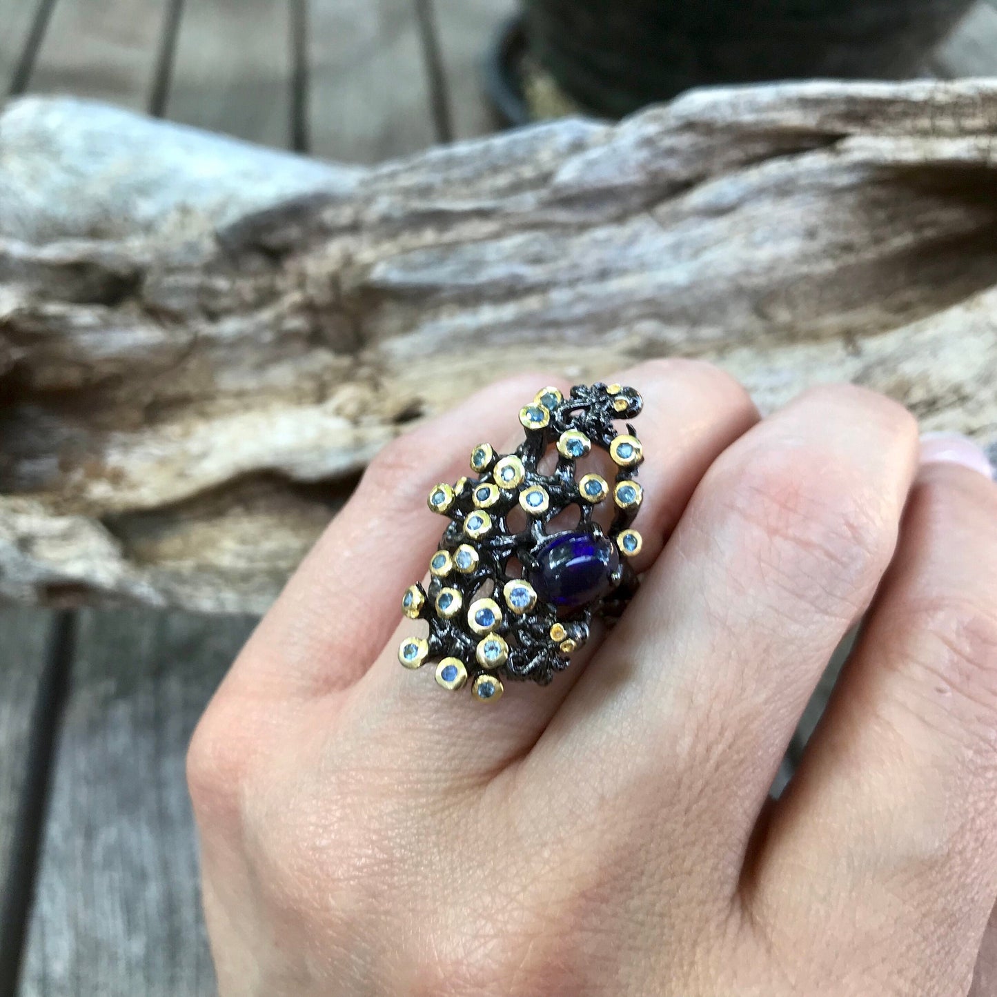 Sterling Silver Opal sapphire topaz  Ring Size 5-7