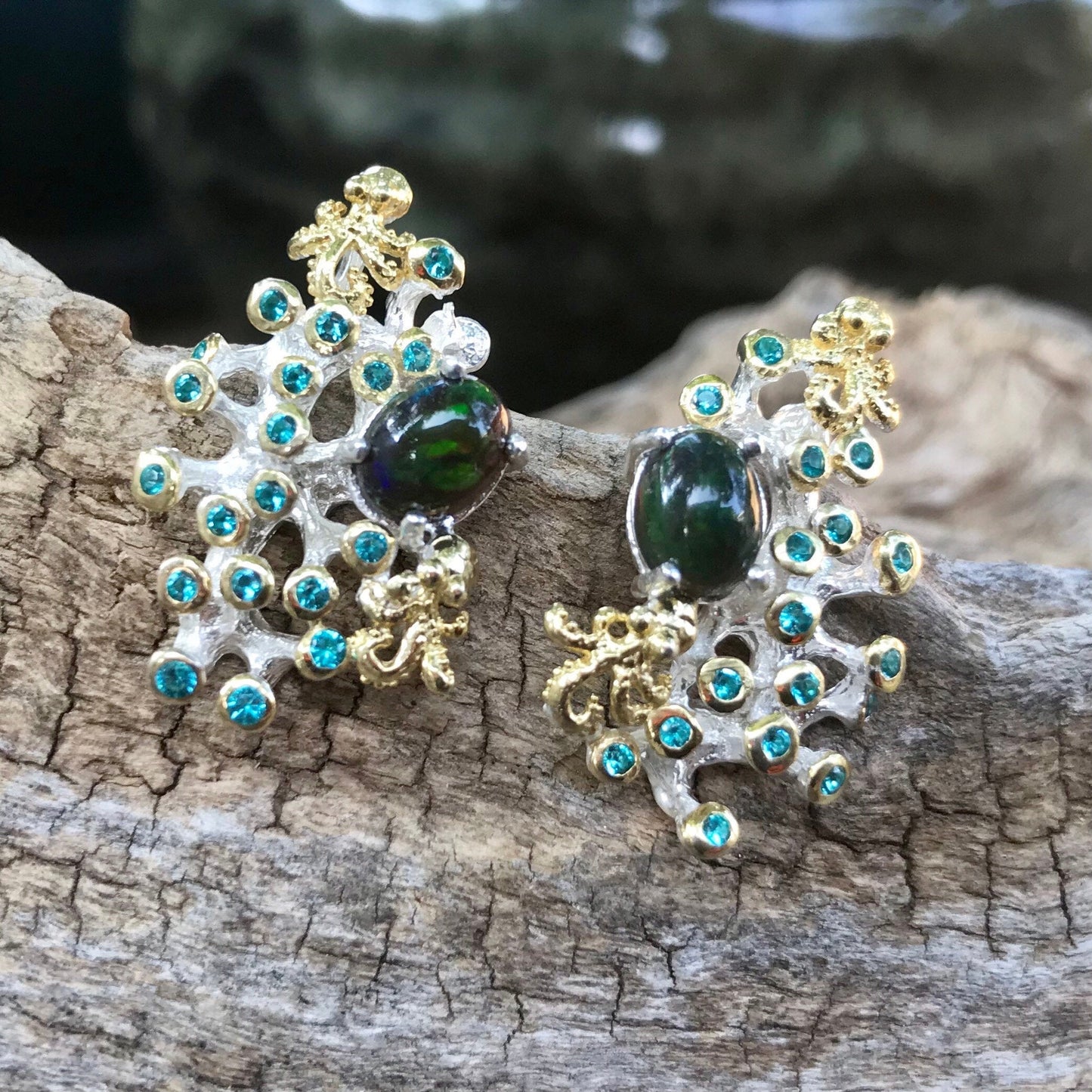 Sterling Silver Natural Black opal stud coral reef earrings