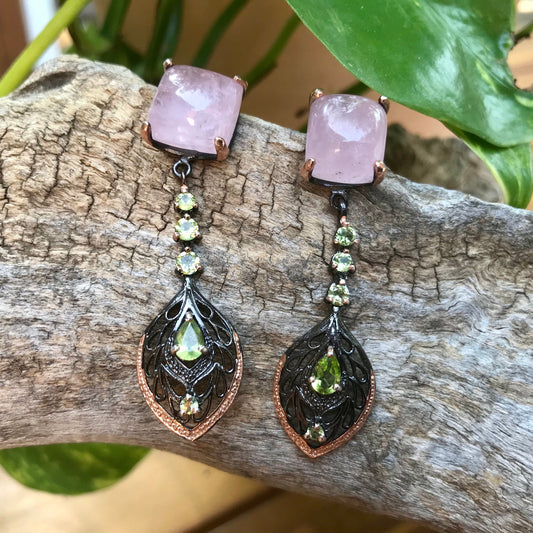 sterling silver Pink morganite peridot long  Earrings