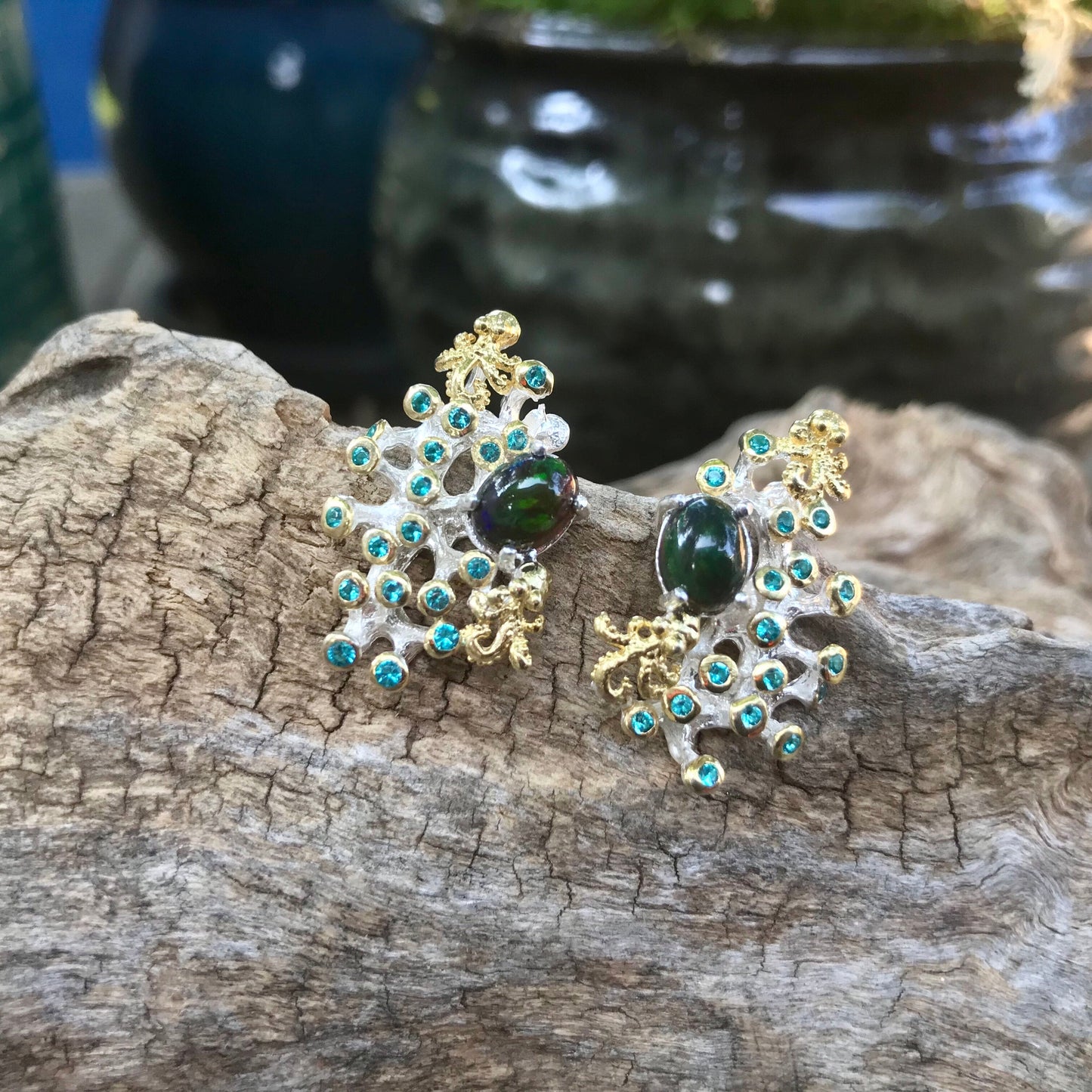 Sterling Silver Natural Black opal stud coral reef earrings