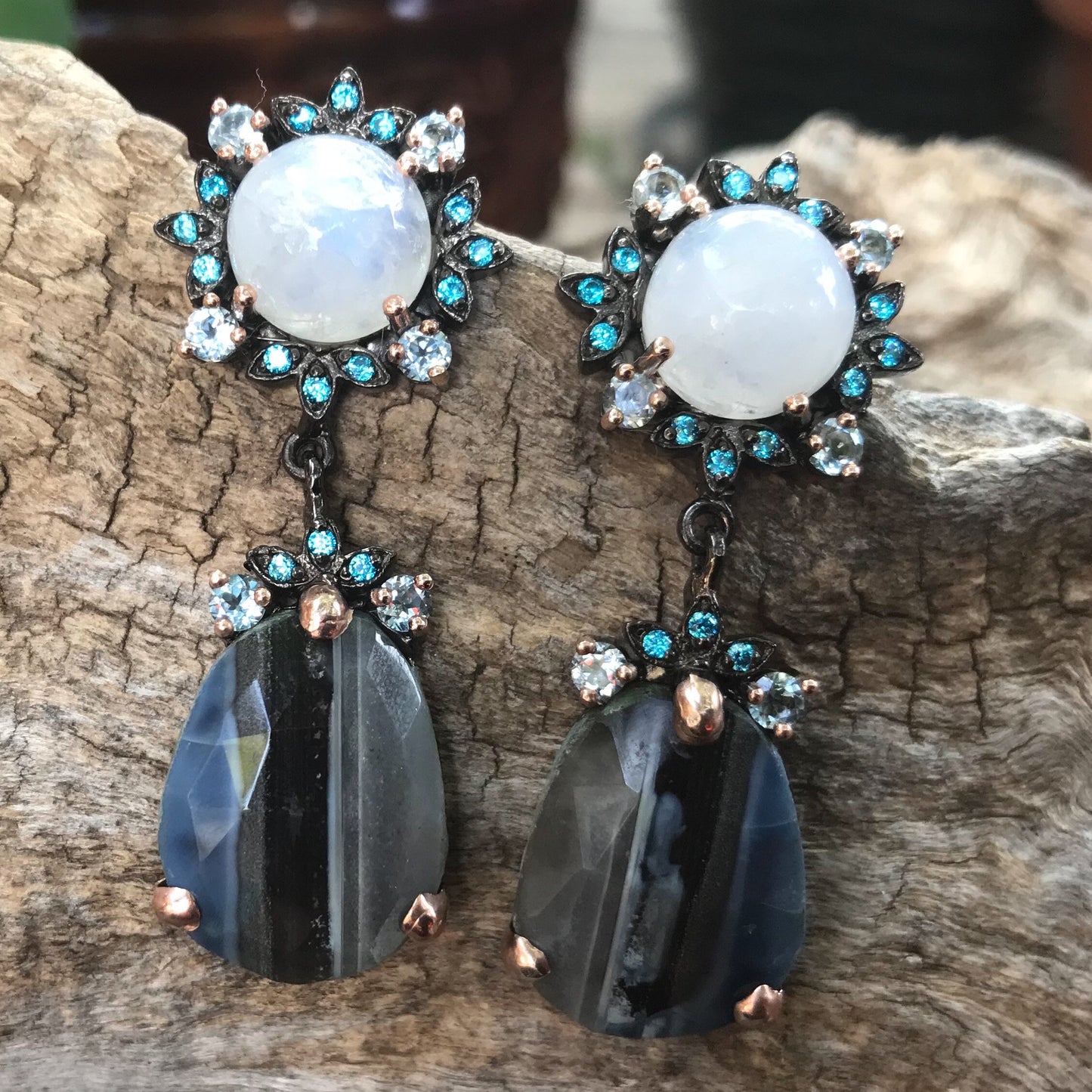Sterling silver blue opal moonstone  statement earrings