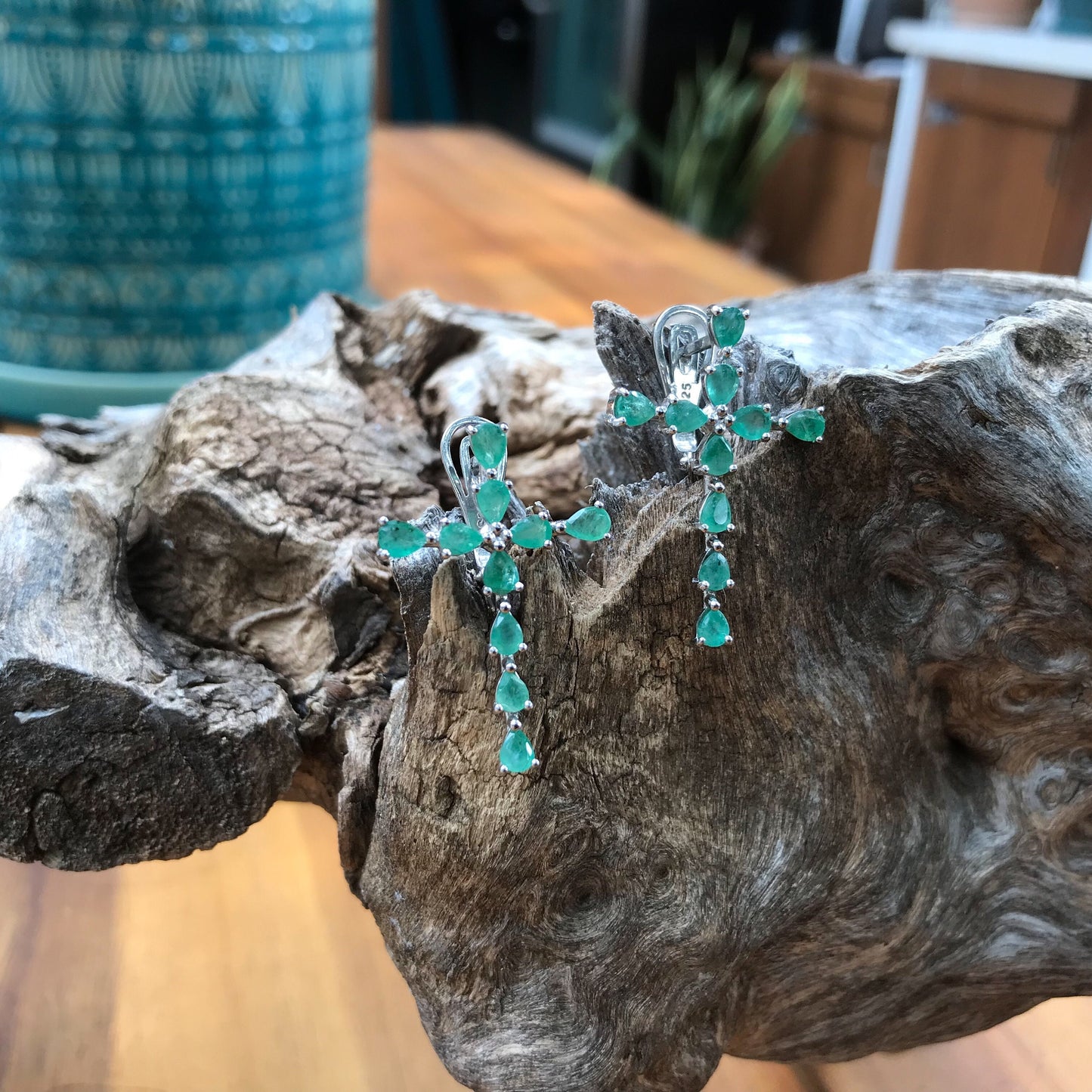sterling silver Green emeralds Cross handmade earrings