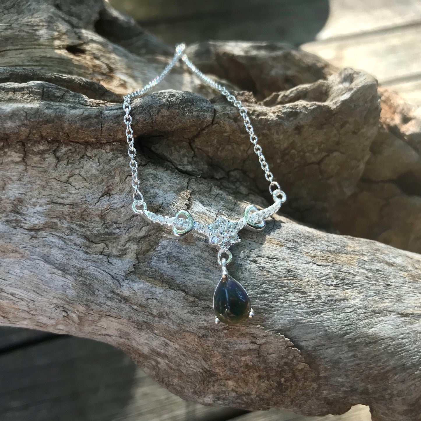Sterling silver natural black opal pendant necklace