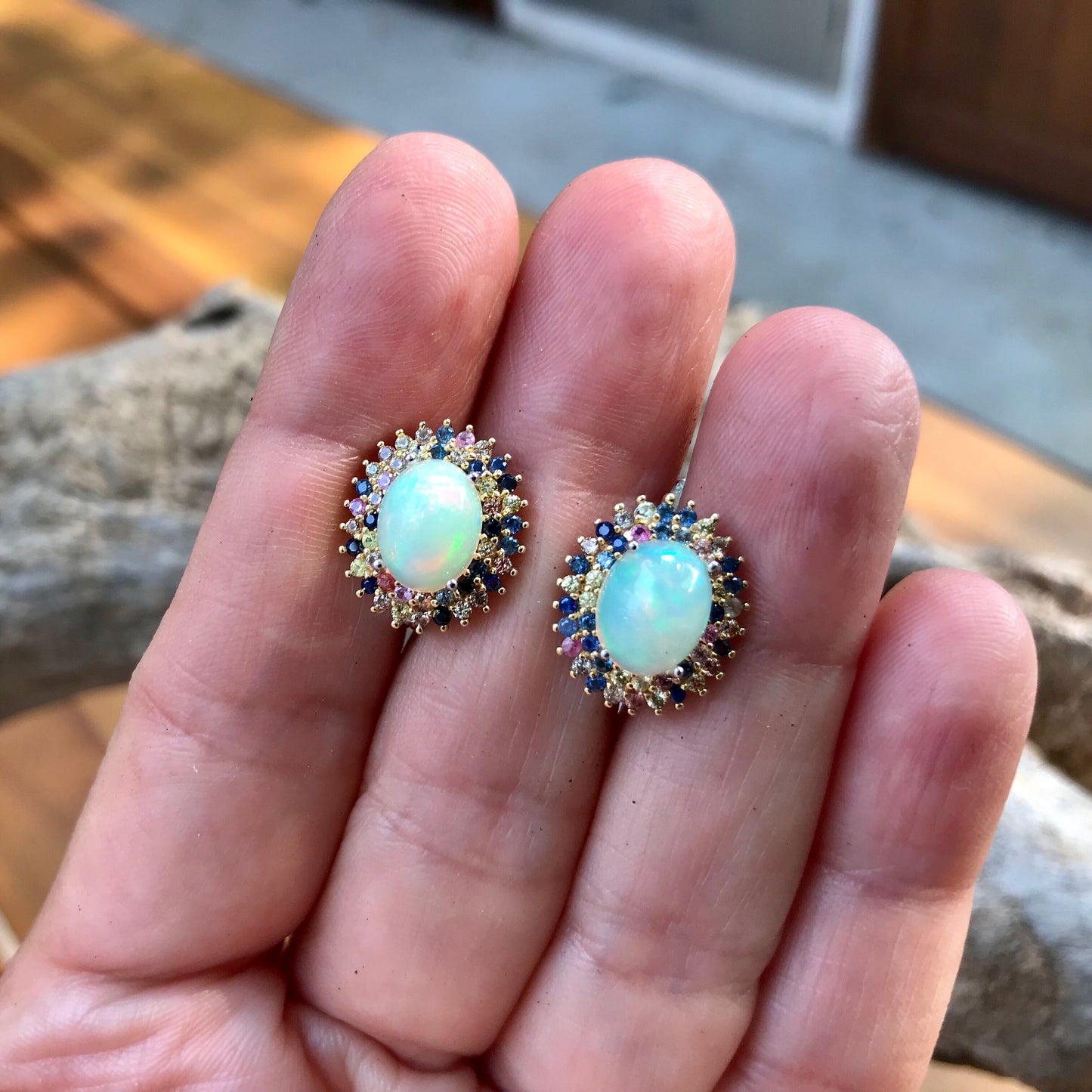 sterling silver Black natural opal sapphire Stud earrings