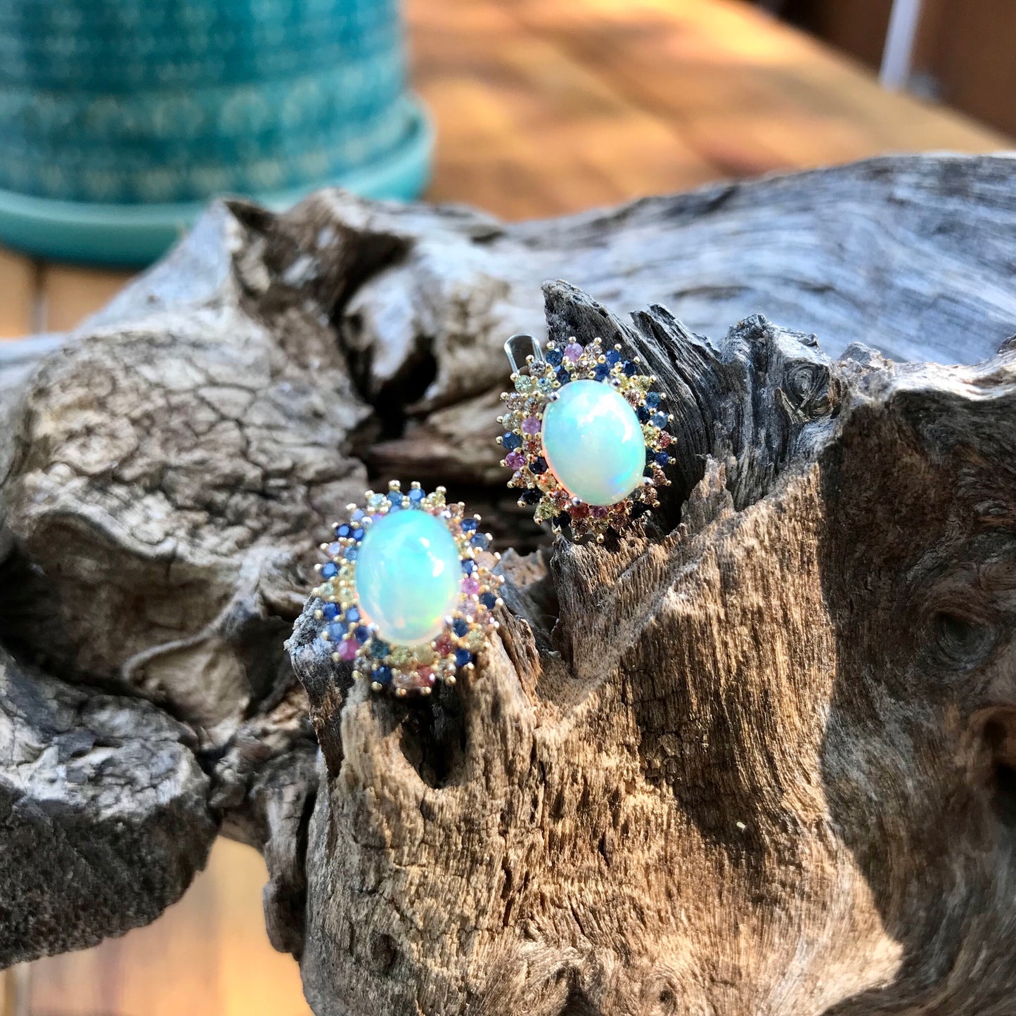 sterling silver Black natural opal sapphire Stud earrings